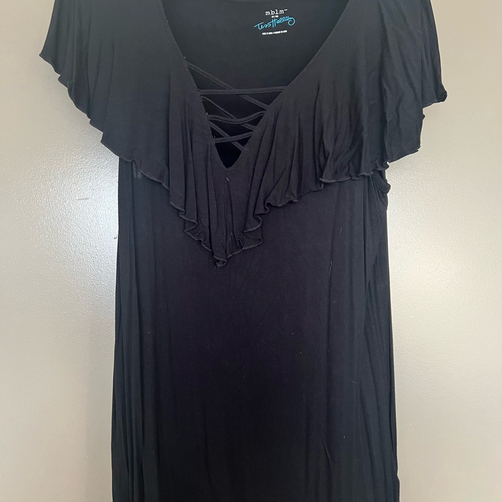 Essentials Black Ruffle-Trim Jersey Top with Crisscross V-Neck